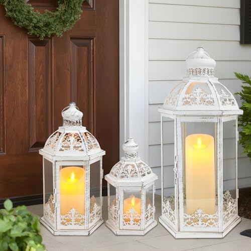 TRIROCKS Large Set of 3 Decorative Lanterns 19''&13.5''&9.5" H Vintage Hanging Lantern Metal Candle Lanterns with Tempered Glass for Indoor Outdoor Home Decor Parties Garden(White with Grey Brush) by TRIROCKS