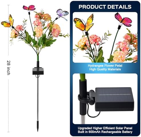 4 Pack Solar Garden Lights Outdoor, 8 Lighting Modes Warm White LED Powered Swaying Butterfly, Waterproof Hydrangea Flowers Landscape Light for Outside Yard, Patio, Pathway Decorative, Décor, Gifts - Image 6