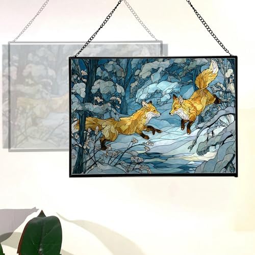 Foxes Playing in Snowy Clearing Rectangular Stained Glass Suncatcher – Hanging Window Panel with Animal & Nature Scene – Vibrant Glass Art Gift for Wildlife, Fantasy, Nature Lovers W0Z774 - Image 3