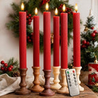 12 Pack, 10" LED Flameless Real Wax Red Fluted Ribbed Grooved Taper Candles, Remote & 24h Timer Memory, On/Off Button, Dimmable, Flicker Mode, Battery Operated, Wedding by WestIvory