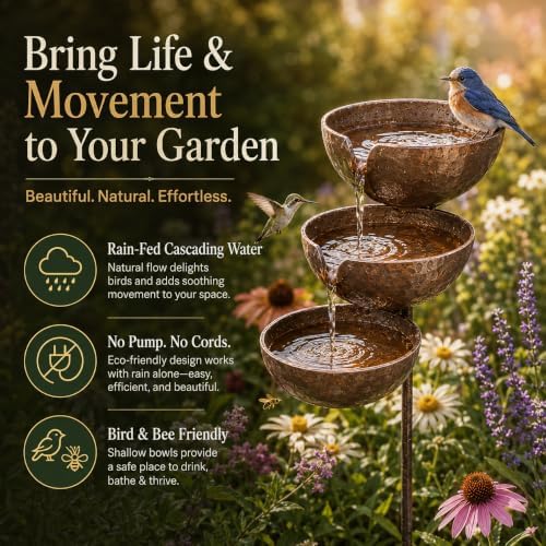 Rain Catcher Bird Bath Tiered, 3-Tier Metal Rain Water Bird Bath Garden Stake, Cascading Water Bowls Attract Hummingbirds, Birds, Butterfly for Yards Lawns Gardens (Copper) - Image 2