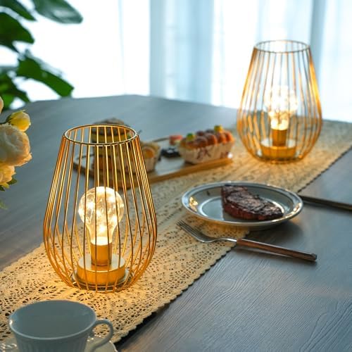 TRIROCKS Metal Cordless Table Lamp - 8'' Tall Set of 2 Cage Shape Battery Operated Lamp with Fairy Lights Bulb for Indoor/Outdoor Use Perfect for Christmas Garden and Weddings (Gold,Set of 2) - Image 7