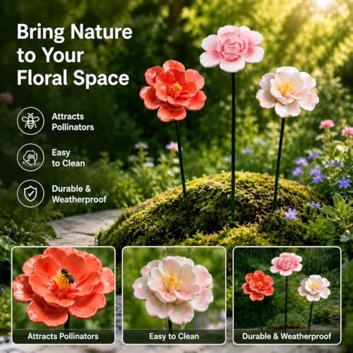 Handmade Ceramic Mini Pollinator Watering Station Set – Flower Shaped Bee Water Feeder & Butterfly Bath – Decorative Garden Stakes Outdoor Ornaments for Lawn, Patio, and Potted Plants (2pc D) - Image 5
