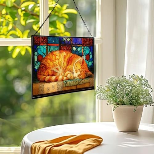 Sleeping Cat Curled in Window Light Rectangular Stained Glass Suncatcher – Hanging Window Panel with Animal & Nature Scene – Vibrant Glass Art Gift for Wildlife, Fantasy, Nature Lovers VzIeu5 - Image 2