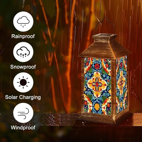 Solar Lantern Mexican Talavera Ceramic Tile Seamless Folklore Flower Texture Outdoor Waterproof Hanging Solar Light Outside Lights for Patio Yard House Lawn Decor Birthday Gifts for Women Mom - Image 5