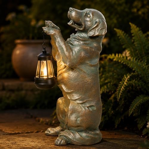 Solar Garden Statue Outdoor Decor 17.5 In Golden Retriever Dog with Lantern by Roundot
