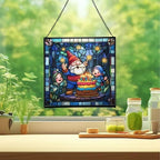 Gnome with Birthday Cake Stained Glass Suncatcher – Square Hanging Window Panel for Home, Garden, Nursery, Halloween, Christmas, Memorial Day – Whimsical Glass Art Gift for Gnome Lovers cw39up - Image 2