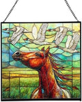 Bay Roan Horse Watching Geese Fly Over Meadow Square Suncatcher – Stained Glass Style Window Panel with Pastoral Scene, Custom Decorative Hanging Art for Equestrian Home, Christmas qcXOkw by Custom