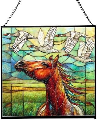 Bay Roan Horse Watching Geese Fly Over Meadow Square Suncatcher – Stained Glass Style Window Panel with Pastoral Scene, Custom Decorative Hanging Art for Equestrian Home, Christmas qcXOkw by Custom