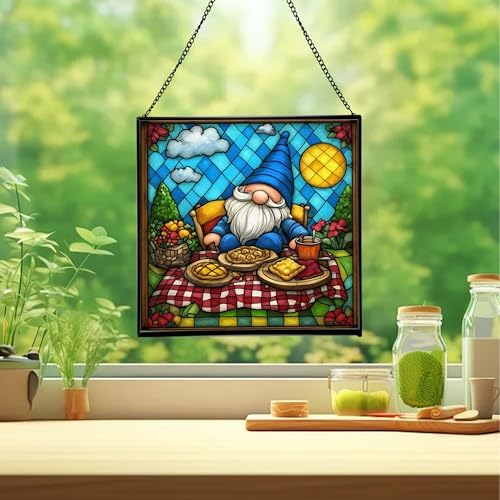 Baking Gnome Picnic Stained Glass Suncatcher – Square Hanging Window Panel for Home or Greenhouse – Whimsical Glass Art Gift for Garden Lovers, Christmas, Halloween, Father Days VW9vGA - Image 2