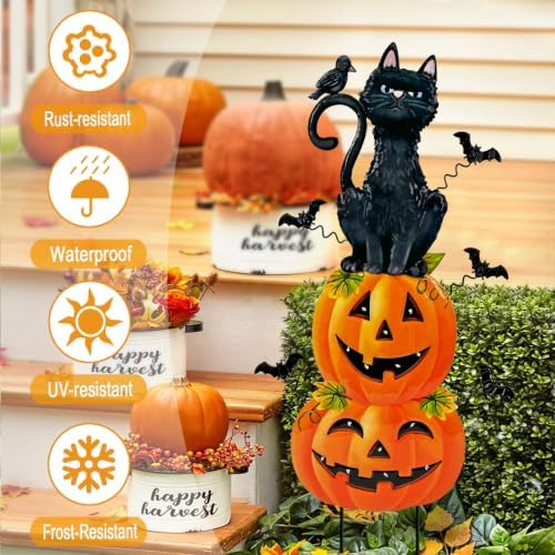 Outdoor Halloween Decorations,Metal Black Cat & Jack'O Lighted Timer Stakes - Image 2