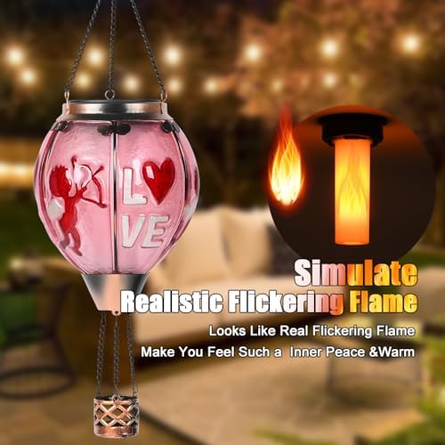 Easter Hot Air Balloon Solar Lantern - Valentine's Day Glass Lantern, Simulated Flickering Dancing Flame, Outdoor Hanging Sunflower Yard Light Waterproof IP65 for Valentines Gift - Image 2
