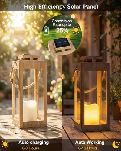 13" Large Wood Decorative Solar Lanterns Outdoor Waterproof for Porch - Image 2