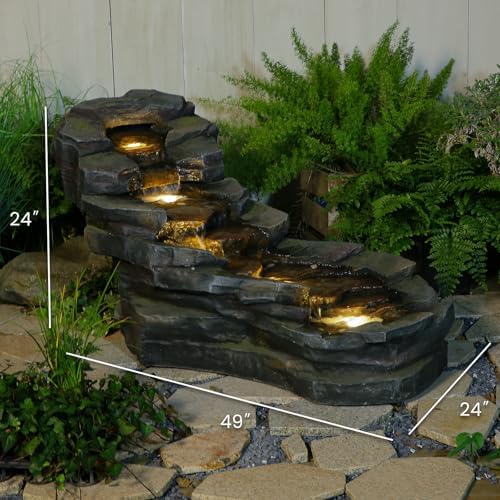 Sunlinua 49" L Water Fountain Outdoor 5-Tiers Rock Natural Waterfall Fountains Floor Standing Water Features with LED Lights for Garden, Patio, Porch, Home Art Decor - Image 6
