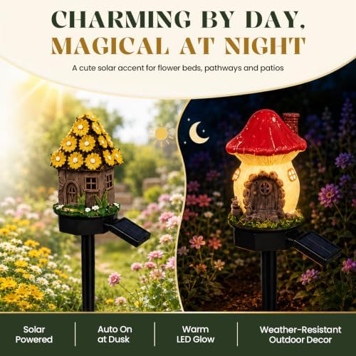 6 Pack-Solar Lights Outdoor, Mushroom Fairy House Stake Lights, Waterproof Cute Garden Decor for Yard, Lawn, Pathway, Patio & Cottage Garden - Image 4
