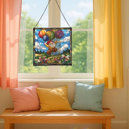 Balloon Flight Gnome Stained Glass Suncatcher – Square Hanging Window Panel for Home or Greenhouse – Whimsical Glass Art Gift for Garden Lovers, Christmas, Halloween, Father Days NzyS2A - Image 5