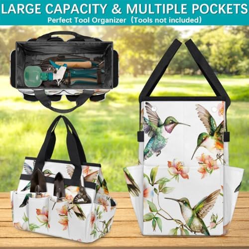 Hummingbird Garden Tool Bag, Garden Tote Storage Bag with 10 Pockets, Indoor and Outdoor Flower Bird Colourful Gardening Tool Organizer for Women Men - Image 4