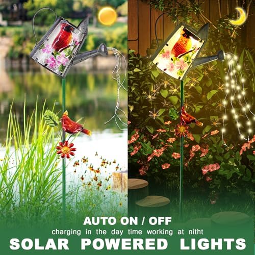 Garden Solar Lights Outdoor, Metal Watering Can Garden Stake Lights Cardinal Bird Decor Glass Art for Walkway, Pathway, Yard, Lawn - Image 3