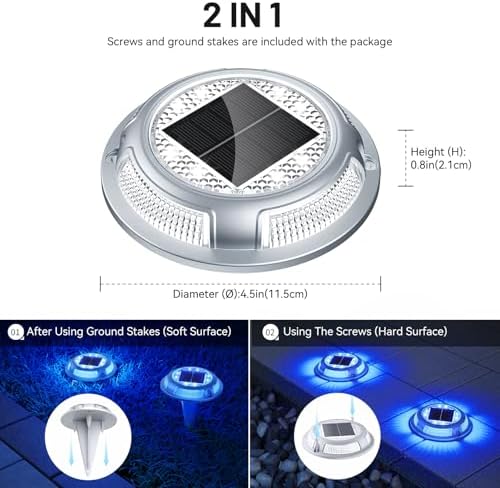Solar Driveway Lights, 8 Pack Heavy Duty Driveway Lights Solar Powered 2 Color Mode (Cool White/Blue) IP68 Waterproof Outdoor Solar Deck Lights with Ground Stake for Pathway Garden Yard Walkway Dock - Image 6