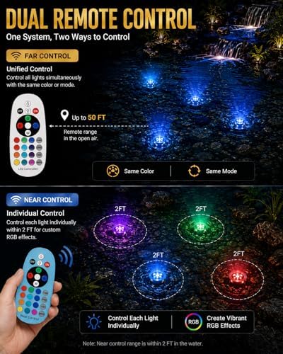 LED Pond Lights with Dual Remote Control, 6W SS316 Stainless Steel RGB Underwater Fountain Light, IP68 Waterproof Submersible LED Lights for Pond Waterfall, Koi Fish Pond (2 Pack) - Image 4