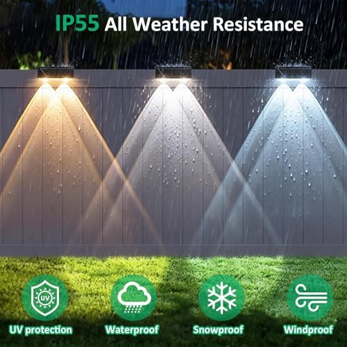Solar Fence Lights Outdoor, IP55 Waterproof Solar Lights 3 Color Modes(3000K/4000K/6000K) Fence Light Solar Powered for Outside, Backyard, Railing, Steps, Patio and Wall Lighting（12 Pack） - Image 4
