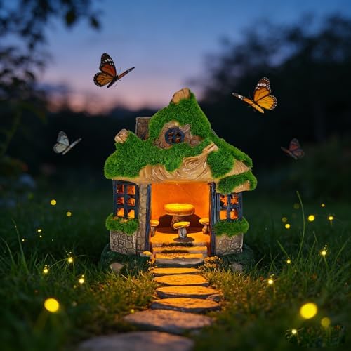 COWOS Fairy Garden House, Flocked Moss Miniature Cottage for Outdoor Yard Decor, Weather-Resistant Resin Forest House with Mushroom Furniture, Fairy Garden Accessories for Patio, Lawn, Home, and Gift - Image 5