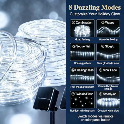 Solar Rope Lights Outdoor Waterproof 2 Pack, 66ft 200 LED White String Lights with 8 Modes, Flexible Clear Tube Fairy Lights Auto On/Off for Garden Patio Fence - Image 6