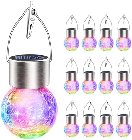Solar Hanging Lanterns Outdoor: 12 Pack Cracked Glass Ball Lights with Clip - Waterproof Color Changing Globe Decorative Garden Tree Fence - Gardening Holiday Gifts for Women by AHongem