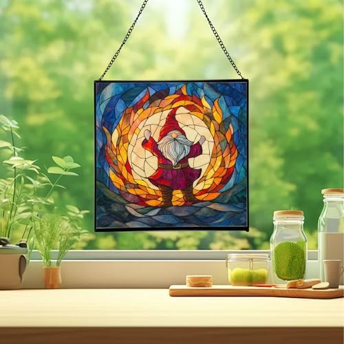 Fire Ring Gnome Dance Stained Glass Suncatcher – Square Hanging Window Panel for Home or Greenhouse – Whimsical Glass Art Gift for Garden Lovers, Christmas, Halloween, Father Days GdB5ES - Image 2