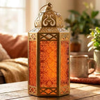 Vela Lanterns 12" Metal Moroccan Decorative Candle Lantern Holders for Hanging or Table, Indoor Home Decor, Outdoor Patio or Porch, Weddings, Gold, Amber Glass, Large by VelaCandleLanterns