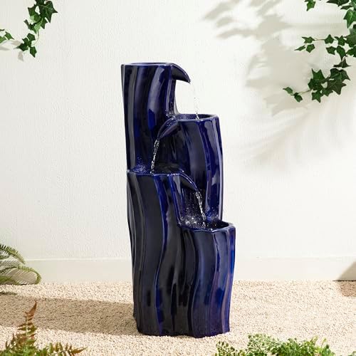 Glitzhome 30" Tall Outdoor Water Fountain with LED Light, Pump & Adapter, 4-Tier Cobalt Blue Wavy Texture Ceramic Cascading Garden Fountains Waterfalls for Porch Deck Patio Backyard by Glitzhome