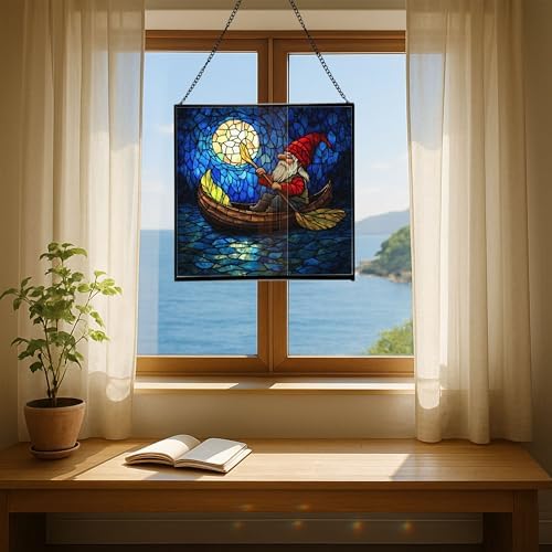Gnome Canoe Ride Stained Glass Suncatcher – Square Hanging Window Panel for Home or Greenhouse – Whimsical Glass Art Gift for Garden Lovers, Christmas, Halloween, Father Days NYD8LS - Image 6
