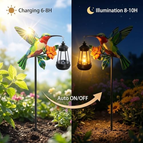 Hummingbird Solar Stake Lights Outdoor Waterproof, 2 Pack Metal Garden Statues with Hanging Lanterns, Path Light Yard Art Decor, Birthday Gifts for Women Mom, Patio Backyard Lawn Ornaments - Image 2