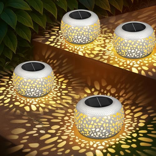 Solar Lanterns Outdoor Waterproof: 4 Pack White Hollow Out Solar Lights by NFEVER