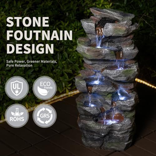 23.6" Cascading Tiered Rock Outdoor Water Fountain with LED Lights, Resin Stone Garden Water Feature with UL-Certified Pump for Patio, Lawn, Backyard, Balcony and Porch Decor - Image 4