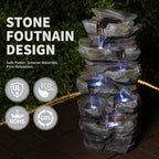 23.6" Cascading Tiered Rock Outdoor Water Fountain with LED Lights, Resin Stone Garden Water Feature with UL-Certified Pump for Patio, Lawn, Backyard, Balcony and Porch Decor - Image 4