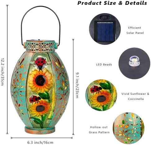 2 Pack Sunflower Solar Lantern,Retro Solar Lanterns Outdoor Waterproof,Stained Glass & Metal Hanging Solar Lantern,LED Tabletop Lamp Solar Lights,Sunflower Outdoor Solar Lanterns for Pathway - Image 3