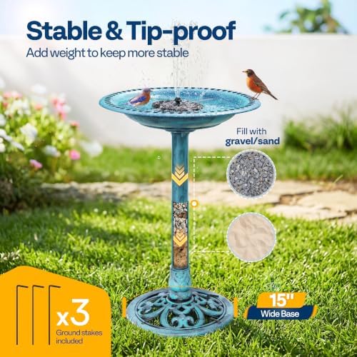 VIVOHOME Bird Bath with Solar Fountain for Outside, Pedestal, Blue - Image 2