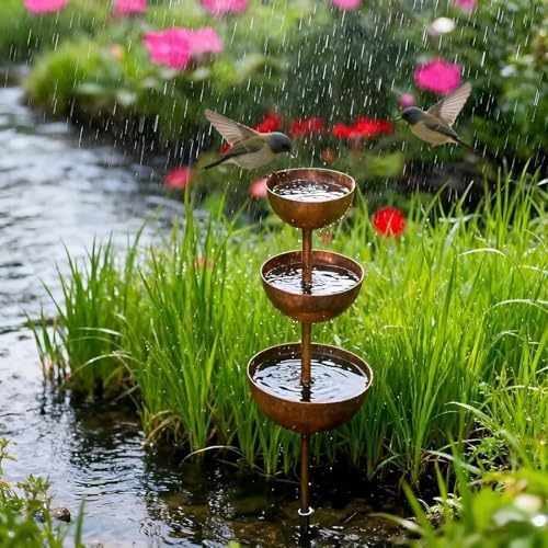 3 Tier Rusted Metal Rain Catcher Stake, Rustic Stacked Bowls Rain Gauge Garden Decor, Vintage Outdoor Yard Art for Lawn Patio Backyard (2) - Image 5