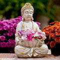 Goodeco Meditating Buddha Statue Sculpture - Outdoor Sitting Sculpture Decoration, Marble Finish with Lotus and Magical Glow in The Dark Pebbles and Glass Stones,Gift idea,White Color (12 inch) by Goodeco
