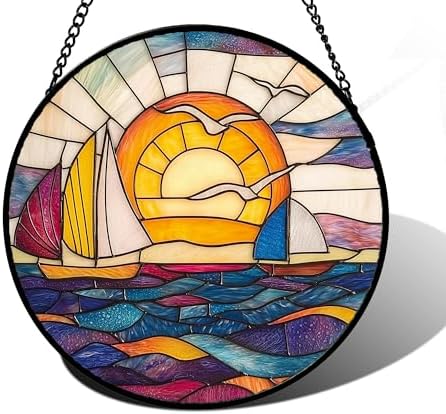 Sunset Sailboat Stained Glass Window Hanging Suncatcher Gifts Decor 12" by DASTOLL