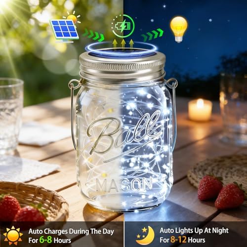 VOOKRY 12 Pack Solar Mason Jar Lights, 30 LED Mason Jar Lids Waterproof Firefly Fairy String Lights with 12 Hangers(No Jars), for Outdoor Patio Garden Yard Lawn Party Wedding Decoration - Cool White - Image 5