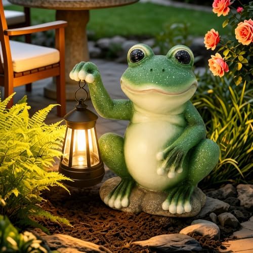 Solar Frog Garden Statue with LED Lantern, Waterproof Resin Figurine by TekchicDIYTools