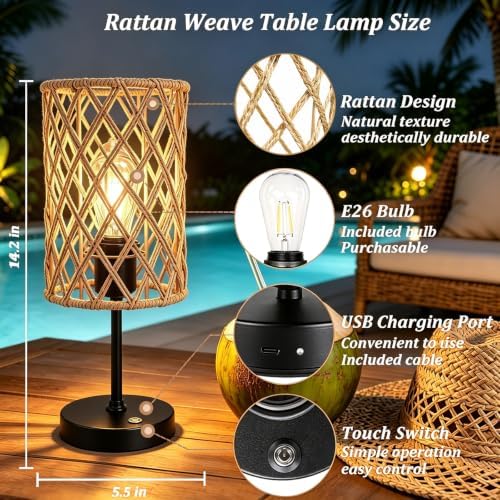 Rechargeable Outdoor Patio Table Lamps, Set of 2 Cordless Battery Operated Portable Boho Rattan Table Lights, for Covered Porch Balcony Garden Decor (Beige) - Image 6