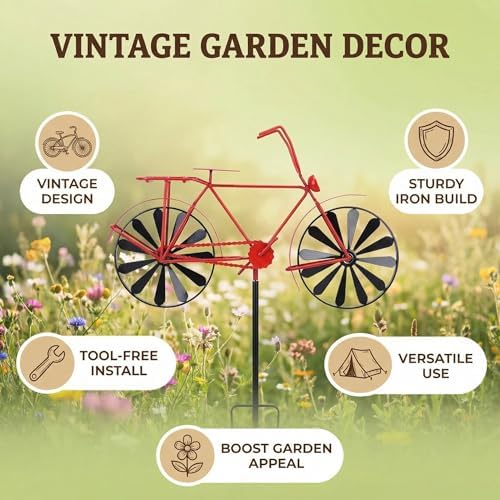 Wind Spinner Vintage Style Metal Iron Garden Decoration Red Bike - Image 2