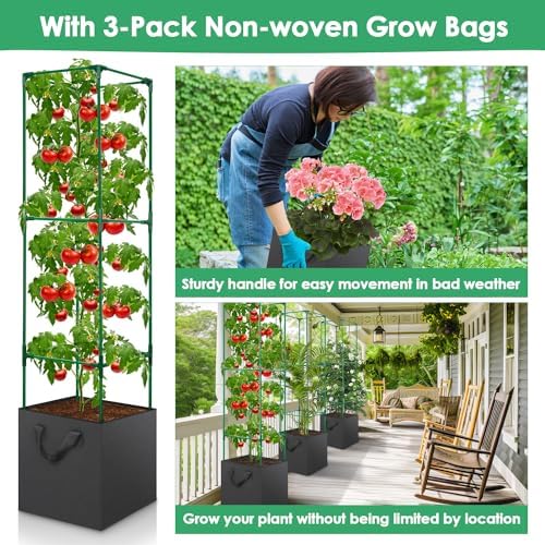 3 Pack Tomato Cage for Garden, Upgraded Fiberglass Garden Trellis with 3 PCS Grow Bags, Square Tomato Planter Support Garden Cages for Cucumber Vegetables Vertical Climbing Plants - Image 5