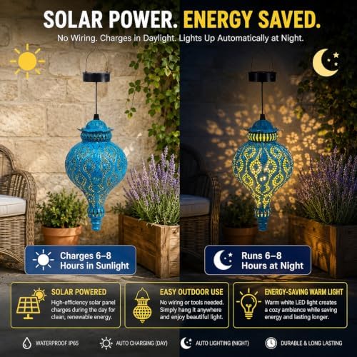 Moroccan Solar Lanterns Outdoor Hanging Garden Decor (2 Pack, Blue) - Image 6