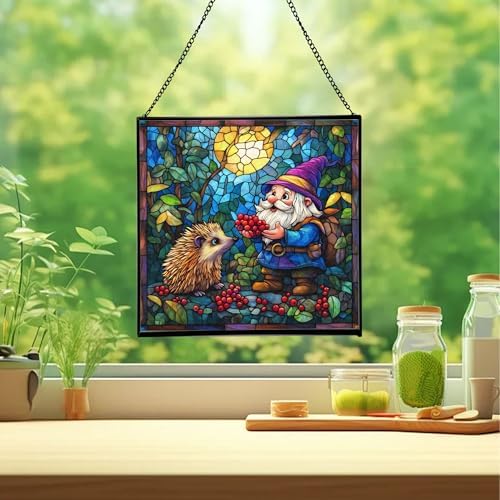 Gnome and Hedgehog Friends Stained Glass Suncatcher – Square Hanging Window Panel for Home or Greenhouse – Whimsical Glass Art Gift for Garden Lovers, Christmas, Halloween, Father Days Mqinb4 - Image 2