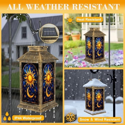Solar Lantern Outdoor Waterproof Sun Moon Stained Glass Effect Art Stars Deep Blue Gold Garden Decor LED Hanging Solar Lights Tabletop Lamp Gifts for Women Mom Outside Yard Patio Porch - Image 3