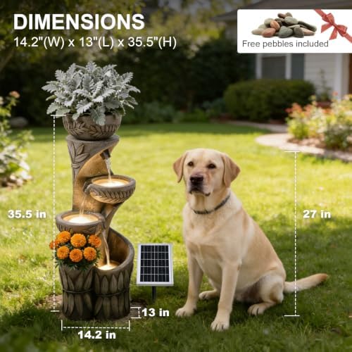 35.5" H Solar Water Fountain Outdoor with LED Lights, 4-Tier Cascading Garden Fountain with Planter Pots, Solar Powered Waterfall for Patio Yard Porch - Image 2